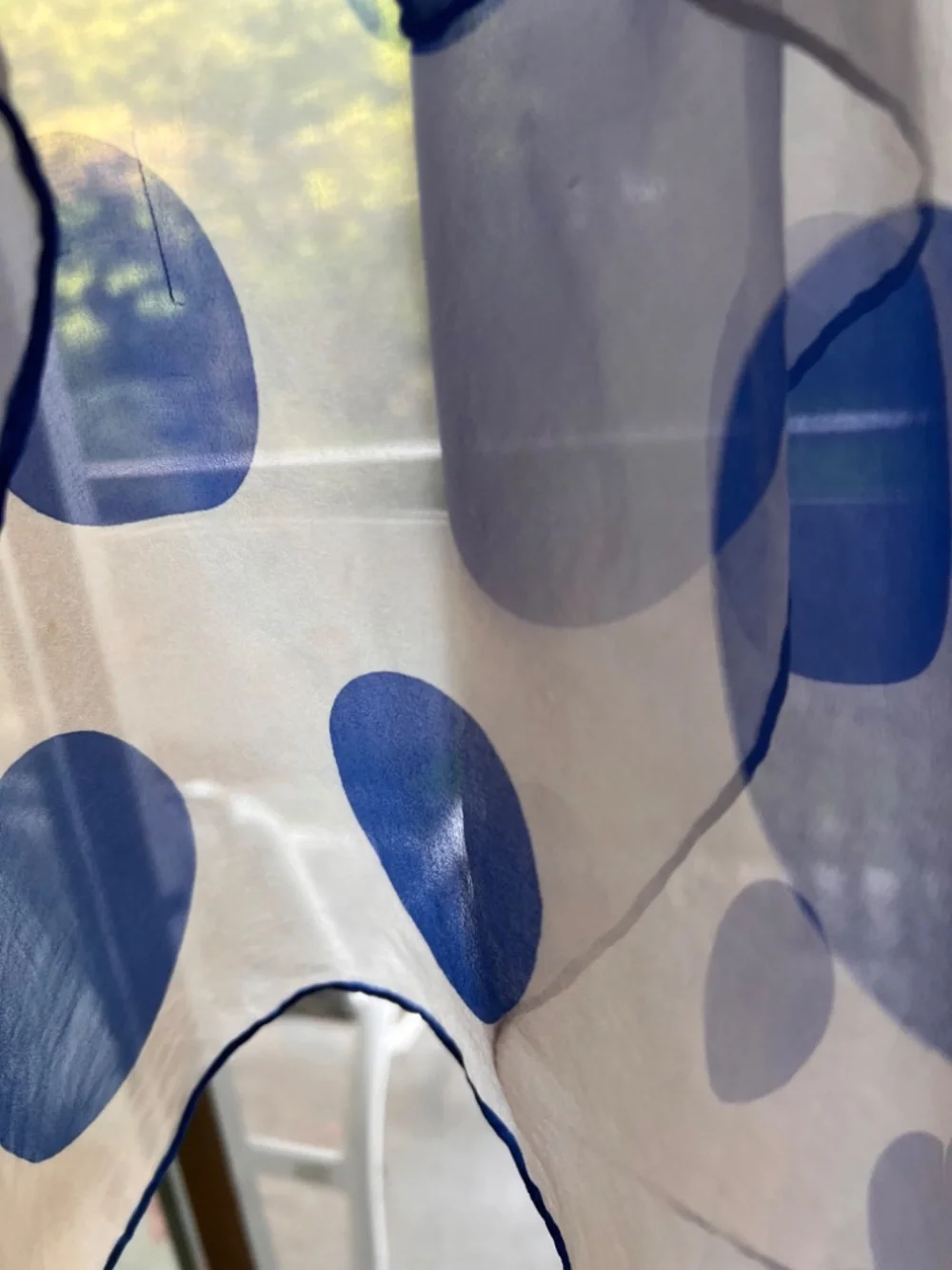 Square silk white scarf with large blue polka dots